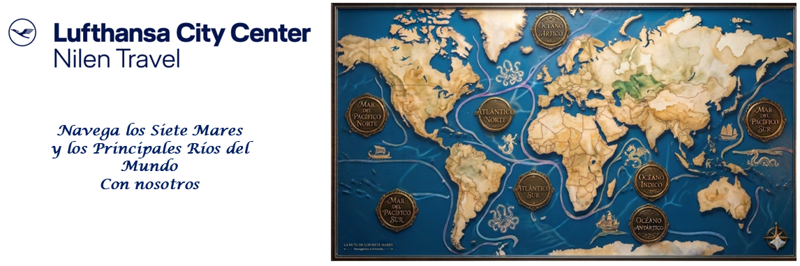 Fotografía de un mapamundi histórico y náutico detallado sobre un fondo azul intenso, enmarcado en madera oscura. El mapa presenta los continentes con texturas de pergamino envejecido y múltiples medallones circulares dorados con inscripciones en español de los principales océanos y mares. El mar está decorado con rutas de navegación en espiral de color azul claro e ilustraciones de monstruos marinos mitológicos como sirenas, dragones y ballenas, y barcos de época. La composición incluye un medallón central para el 