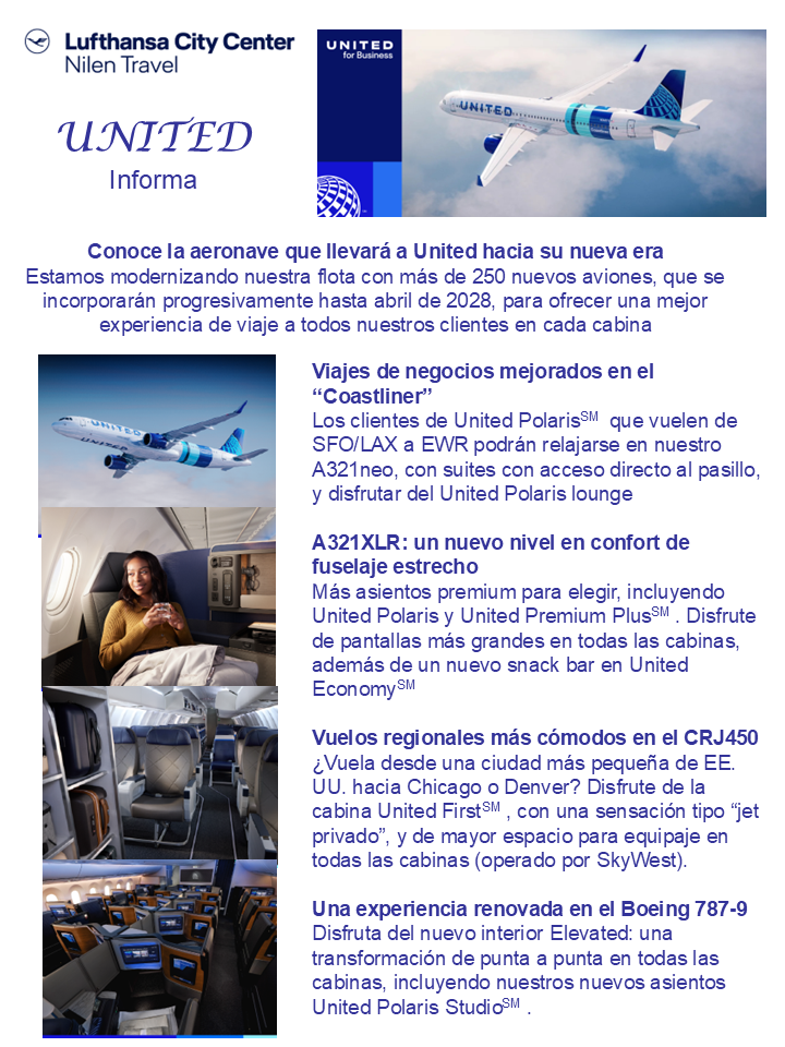 Infografía de United Airlines y Nilen Travel que detalla la modernización de la flota con nuevas aeronaves. Presenta imágenes de un avión de United en el aire, una pasajera sonriente en una suite Polaris, el interior de la cabina económica y la cabina premium del Boeing 787-9. Incluye texto en español sobre características clave de los modelos A321neo, A321XLR, CRJ450 y Boeing 787-9.