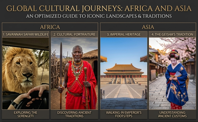 Composición de cuatro paneles que muestra un león de safari en el Serengeti, un anciano Maasai en una aldea tradicional, la arquitectura de la Ciudad Prohibida y una Geisha japonesa en Gion.