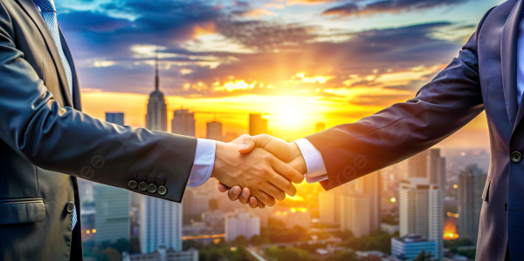 Alianza estratégica y servicios de viajes corporativos representados por un apretón de manos entre empresarios con un skyline de ciudad al amanecer.