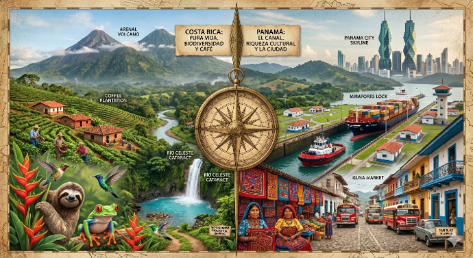Infografía de viajes a Costa Rica y Panamá mostrando el Volcán Arenal, el Canal de Panamá y la biodiversidad de Centroamérica.