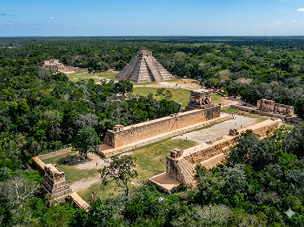 Vista aérea de la zona arqueológica de Chichén Itzá en Yucatán, México, destacando la Pirámide de Kukulcán (El Castillo), el Gran Juego de Pelota y estructuras circundantes rodeadas por una densa selva bajo un cielo despejado.