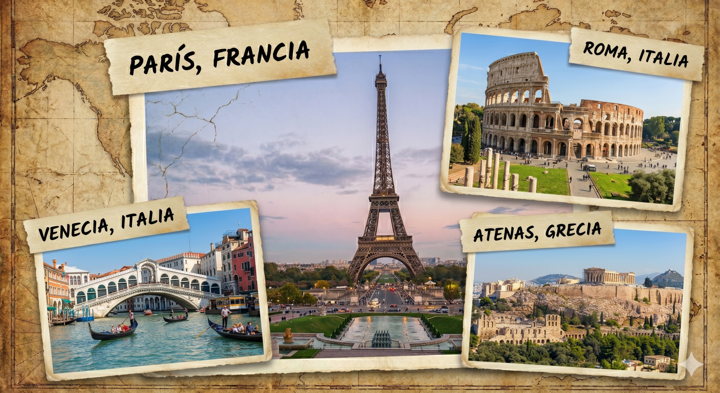Collage de viajes por Europa con fotos de París, Roma, Venecia y Atenas sobre un mapa vintage.