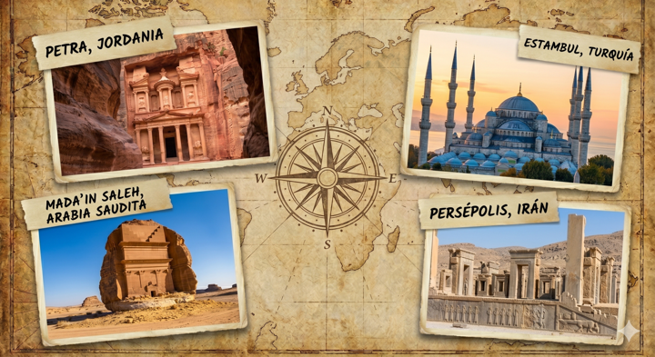 Collage de viajes por Medio Oriente con imágenes de Petra, Estambul, Mada'in Saleh y Persépolis sobre un mapa antiguo.