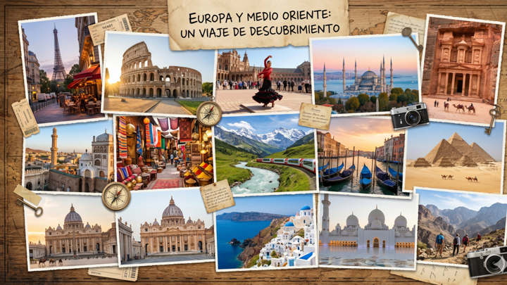 Un collage de fotografías de viajes con destinos icónicos de Europa y Medio Oriente, como la Torre Eiffel, las Pirámides y Petra, sobre un mapa vintage.