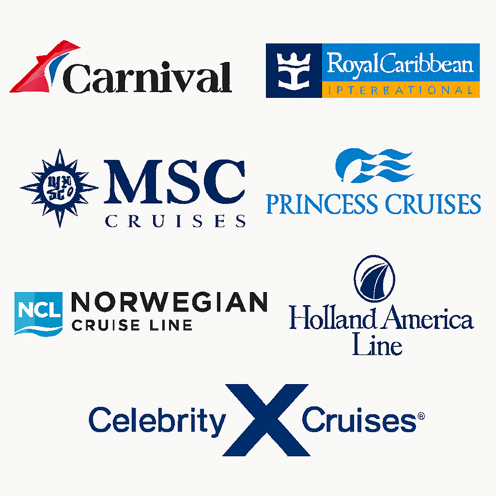 Logotipos de las principales líneas de cruceros del mundo, incluyendo Carnival, Royal Caribbean, MSC, Princess, Norwegian, Holland America y Celebrity Cruises, organizados en una cuadrícula sobre un fondo blanco.