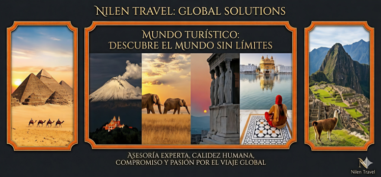 Tríptico de Nilen Travel LCC mostrando destinos de turismo mundial: Pirámides de Egipto, Machu Picchu, el Taj Mahal y fauna en África.