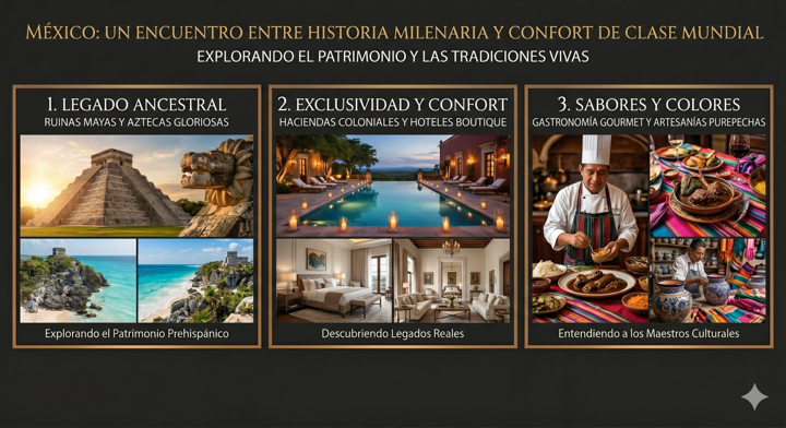Infografía de viajes de lujo a México con imágenes de Chichén Itzá, haciendas coloniales con alberca y gastronomía tradicional mexicana.