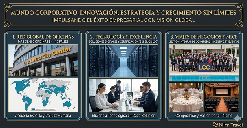 Tríptico de Nilen Travel sobre Mundo Corporativo con secciones de red global de oficinas, tecnología avanzada en servidores y gestión de eventos MICE y congresos.
