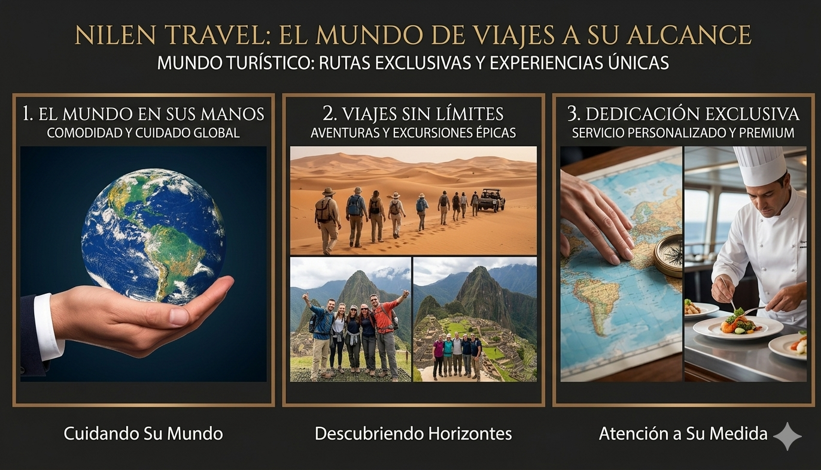Tríptico de Nilen Travel que muestra una mano sosteniendo el mundo, expediciones en el desierto y servicio personalizado de lujo con chef gourmet.