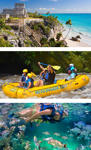 Collage de tres imágenes de turismo en México: arriba, la zona arqueológica de Tulum frente al mar Caribe; al centro, un grupo haciendo rafting en río con México Verde; abajo, personas haciendo snorkel rodeadas de peces en un arrecife o parque de Xcaret.