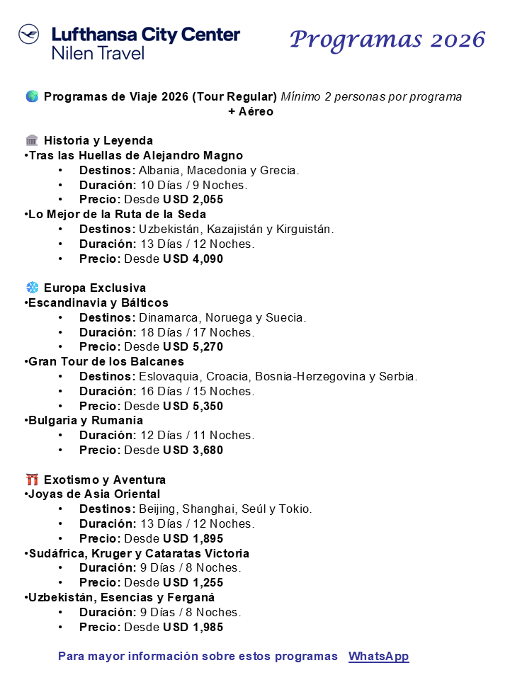 Folleto publicitario de Programas de Viaje 2026 de Lufthansa City Center y Nilen Travel. La imagen detalla rutas turísticas en tres categorías: 