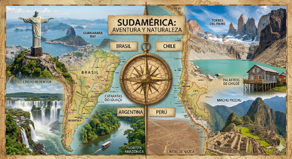 Mapa de Sudamérica destacando el Cristo Redentor en Brasil, las Torres del Paine en Chile y Machu Picchu en Perú.