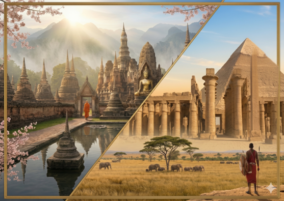 Composición en diagonal con templos budistas y monje en Asia, junto a las pirámides de Egipto y la sabana africana con elefantes y guerrero masái.
