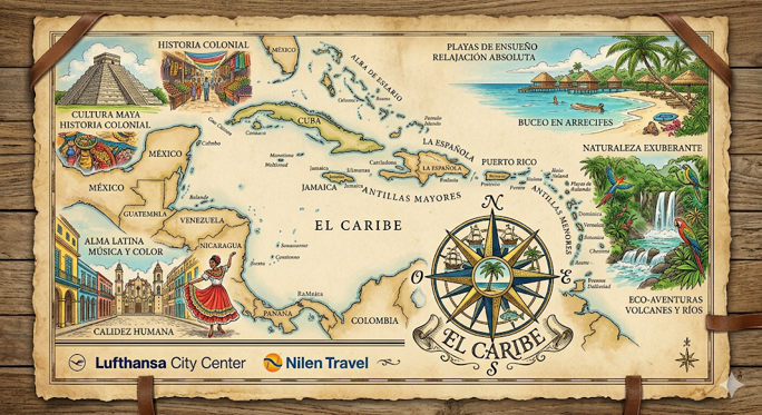 Mapa ilustrado estilo pergamino antiguo del Caribe y Centroamérica, con una brújula detallada, iconos de cultura maya, playas tropicales y ciudades coloniales.