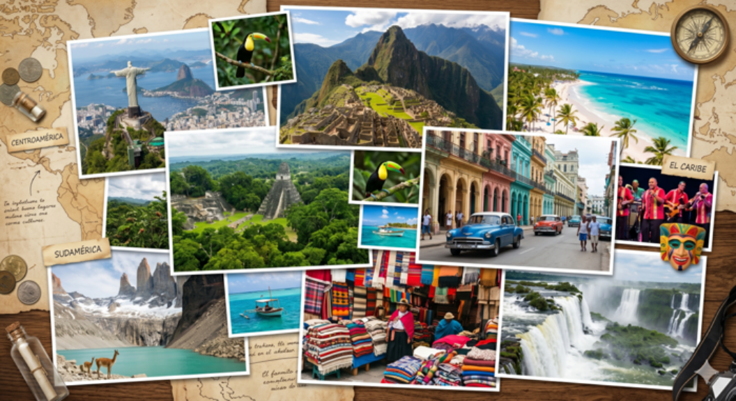 Collage de viajes que muestra Machu Picchu, pirámides de Tikal, arquitectura colonial en Cuba, las cataratas de Iguazú y playas paradisíacas del Caribe.