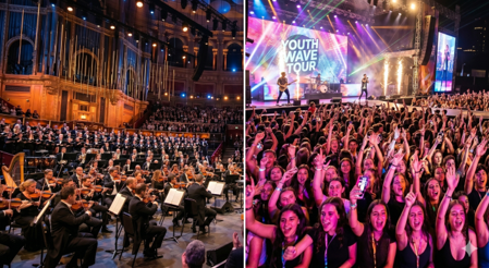 Comparativa de eventos culturales que muestra una orquesta sinfónica clásica y un concierto de música juvenil para los programas de viaje de Nilen Travel.