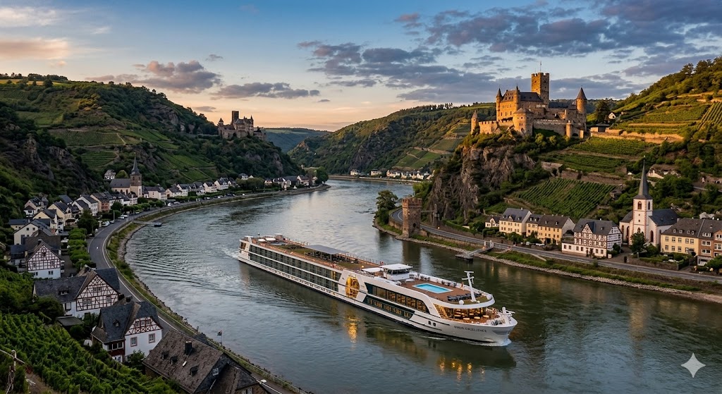 Un crucero fluvial de lujo navegando por un río en Europa, pasando junto a un pueblo pintoresco y castillos medievales en las colinas durante el atardecer
