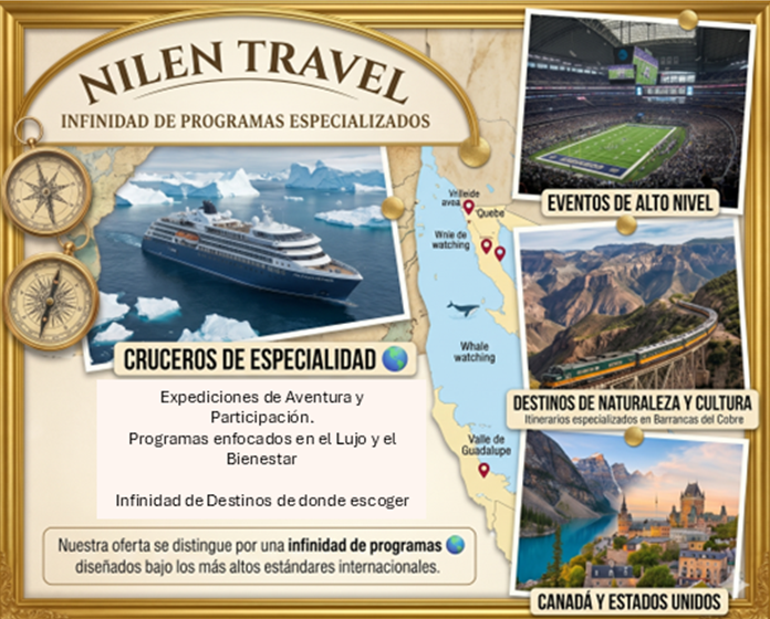 Collage profesional de Nilen Travel que muestra cruceros de especialidad, eventos deportivos, Barrancas del Cobre y destinos en Canadá y EUA enmarcado en dorado.