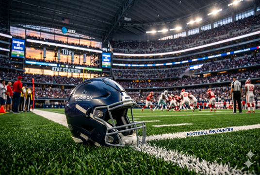 Casco de football americano profesional en primer plano en el AT&T Stadium durante un programa de viaje deportivo de Nilen Travel Lufthansa City Center