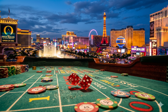 Dados rojos en movimiento sobre una mesa de juego con el skyline de Las Vegas iluminado de fondo para programas de viaje de Nilen Travel Lufthansa City Center.