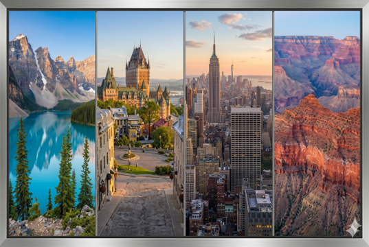 Composición de destinos icónicos: Lago Moraine en Banff, Chateau Frontenac en Quebec, skyline de Nueva York y el Gran Cañón para programas de Nilen Travel.