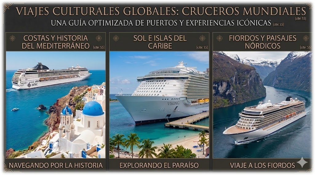 Tríptico promocional en español sobre viajes culturales globales enfocado en cruceros mundiales, con tres paneles que muestran un barco en las costas de Santorini, un crucero en una playa del Caribe y otro navegando por los fiordos nórdicos.