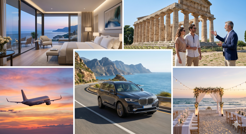 Collage realista de servicios turísticos de Nilen Travel que incluye hospedaje de lujo, tours guiados, renta de autos premium, vuelos y eventos frente al mar.