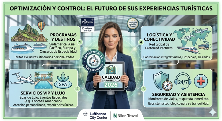 Infografía de Nilen Travel que muestra a una profesional con una tablet rodeada de cuatro pilares: Programas y Destinos, Servicios VIP, Logística y Conectividad, y Seguridad y Asistencia.