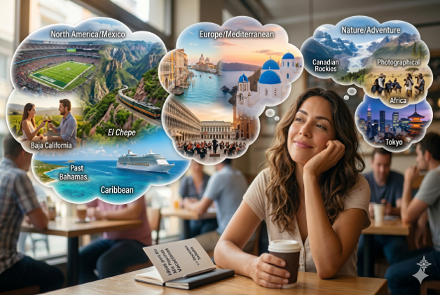 Una mujer en una cafetería imaginando su viaje ideal con burbujas de pensamiento que muestran El Chepe, cruceros por el Caribe, Europa, la Patagonia y eventos deportivos.