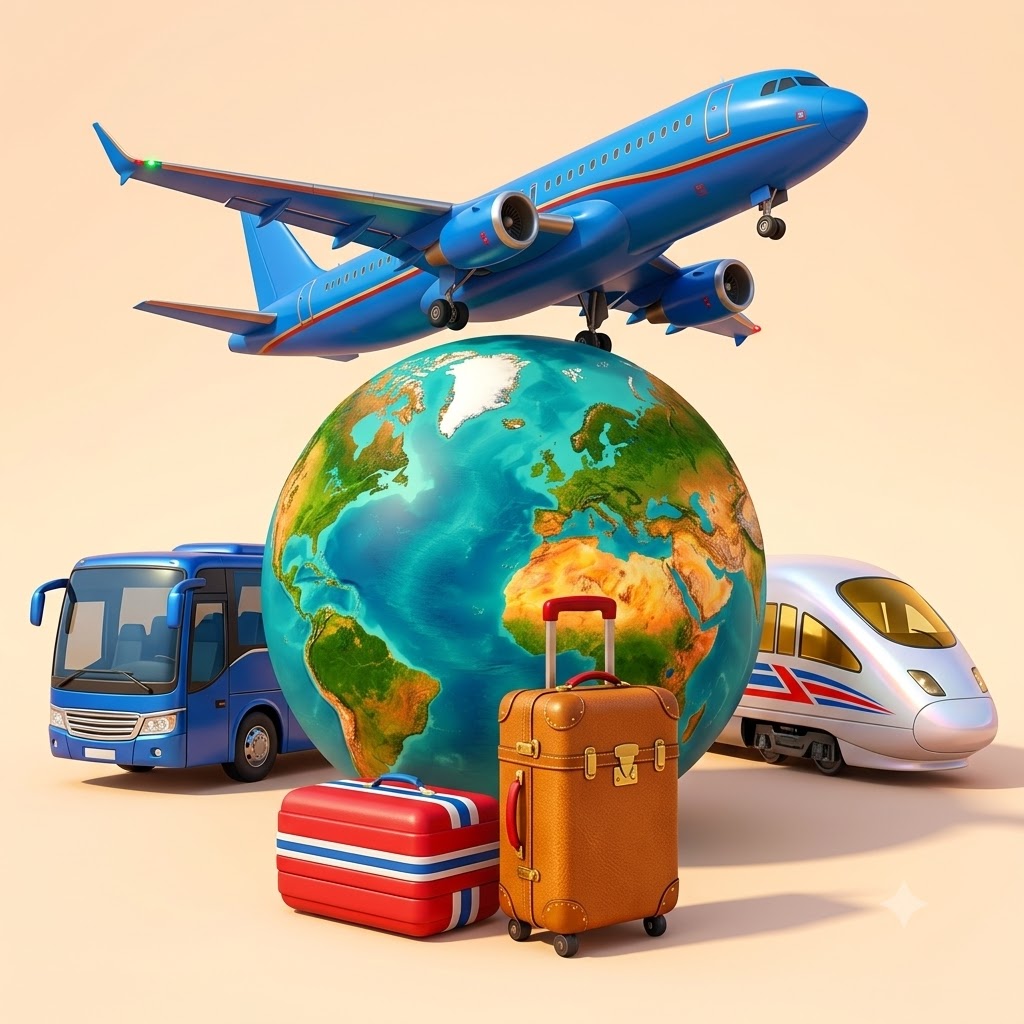 Gráfico 3D que muestra un avión azul sobre un globo terráqueo, rodeado por un autobús, un tren de alta velocidad y maletas de viaje, representando la conectividad total.