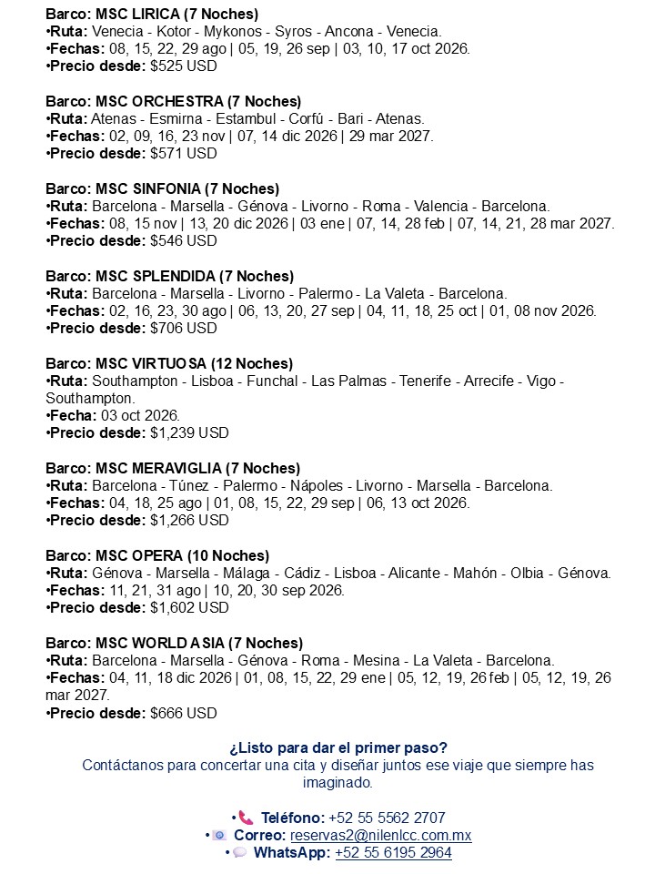 Promoción de cruceros MSC (Euribia, Preziosa, Grandiosa y Lirica) ofrecidos por Nilen Travel Lufthansa City Center, detallando rutas, fechas y precios base en dólares.