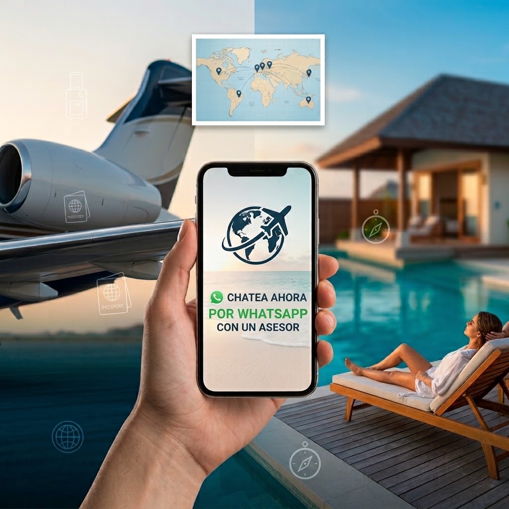 Teléfono celular mostrando opción de chat de WhatsApp junto a un jet ejecutivo y un resort de lujo para contacto con Nilen Travel