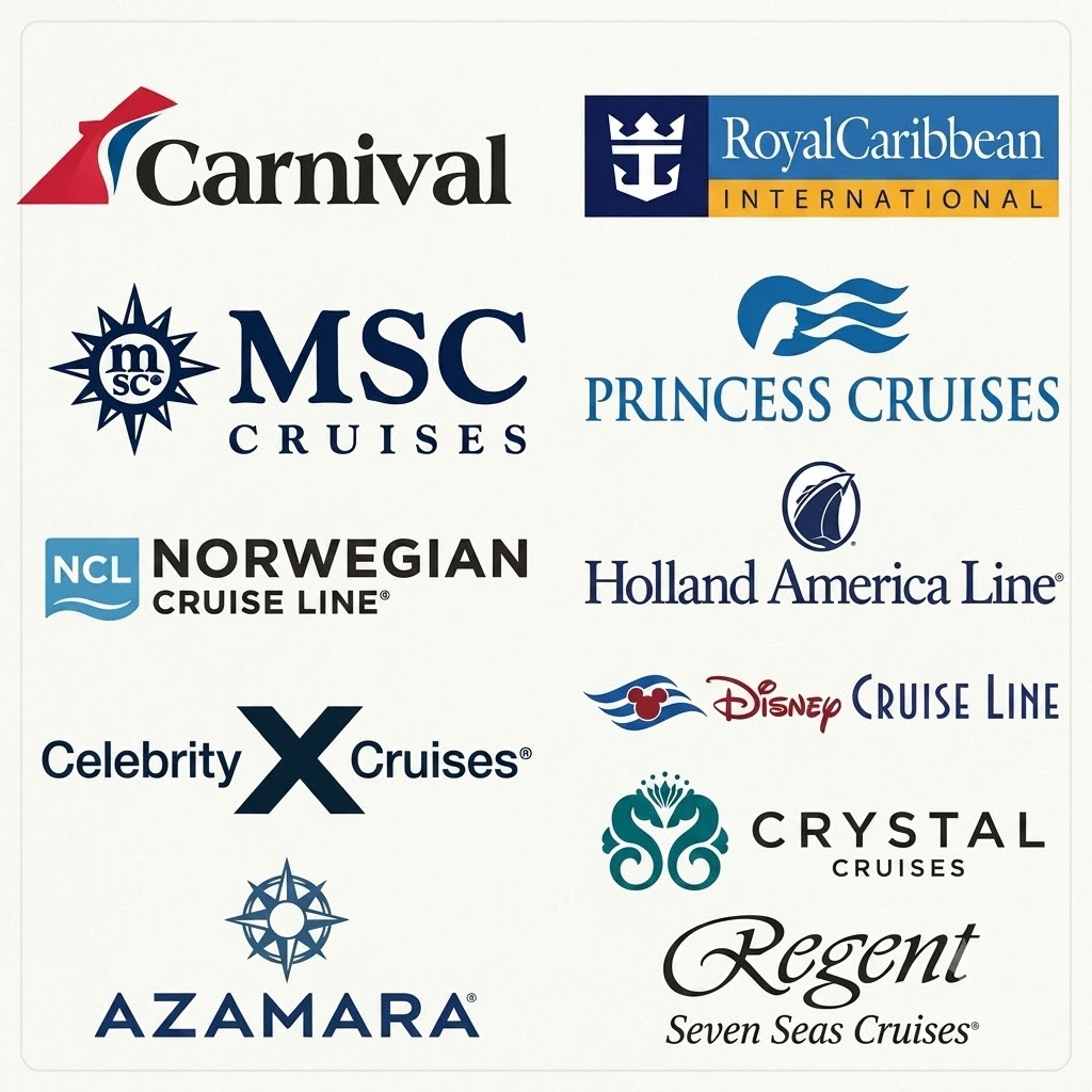 Una cuadrícula limpia de logotipos coloridos y nítidos para 12 líneas de cruceros principales, incluyendo Carnival, Royal Caribbean, MSC, Princess, Holland America, Disney, Celebrity y más, sobre un fondo blanco.