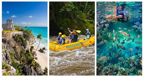 Collage de tres imágenes verticales sobre turismo en México: a la izquierda, las ruinas arqueológicas de Tulum junto a una playa de agua turquesa; al centro, un grupo de personas disfrutando rafting en una balsa amarilla sobre rapids rodeados de selva; a la derecha, una persona haciendo snorkel bajo el agua entre un numeroso banco de peces coloridos.