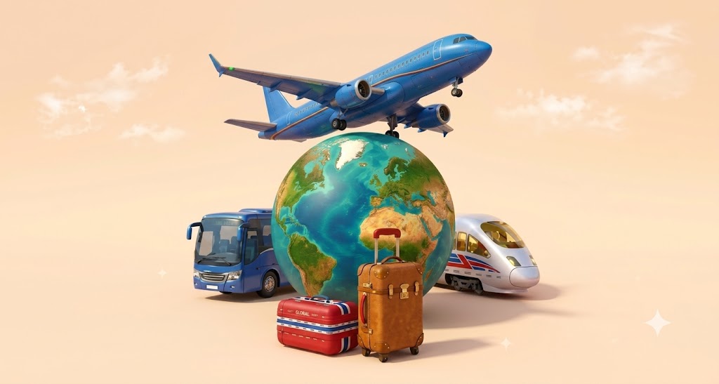 Gráfico 3D que muestra un avión azul sobre un globo terráqueo, rodeado por un autobús, un tren de alta velocidad y maletas de viaje, representando la conectividad total.
