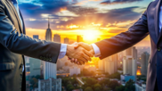 Alianza estratégica y servicios de viajes corporativos representados por un apretón de manos entre empresarios con un skyline de ciudad al amanecer.