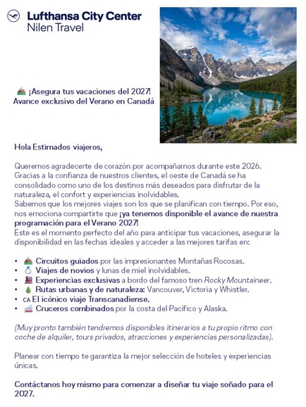 Impresionante paisaje de lagos turquesas y montañas nevadas en las Montañas Rocosas de Canadá, acompañado de un comunicado de Nilen Travel sobre el avance de verano 2027.