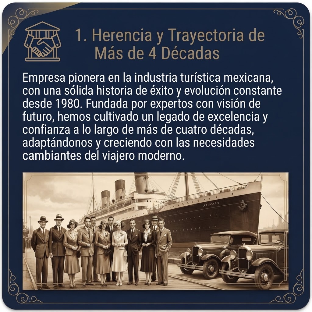 Tarjeta corporativa de Nilen Travel Lufthansa City Center destacando su herencia y trayectoria de más de cuatro décadas desde 1980 con una fotografía de época.