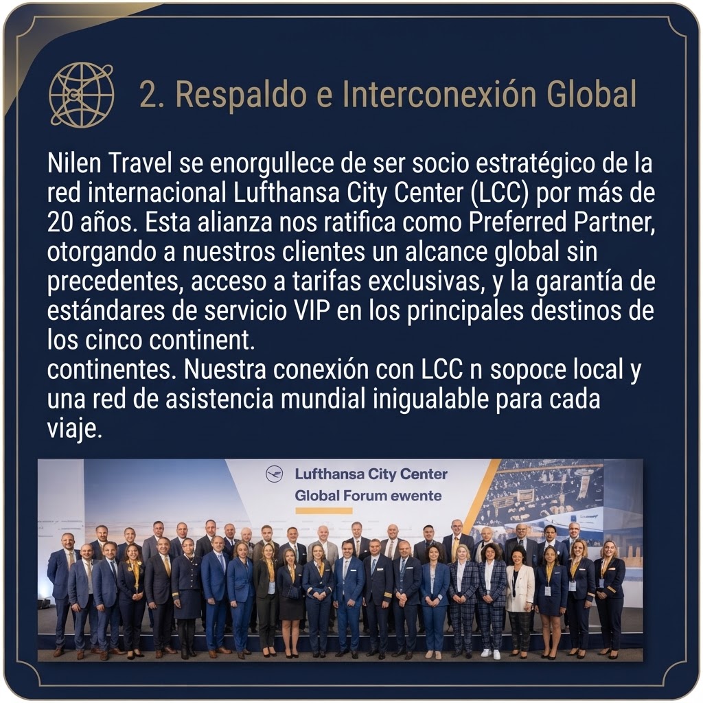 Tarjeta corporativa de Nilen Travel destacando su alianza estratégica como Preferred Partner de la red internacional Lufthansa City Center.